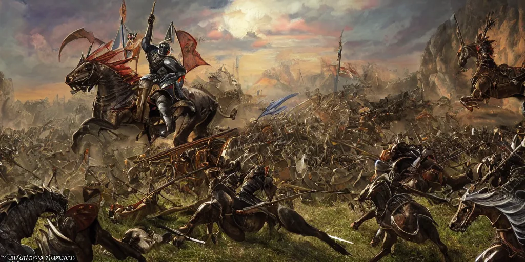 Prompt: james gurney detailed digital painting of a battle scene, mounted knights fighting against a dragon from the computer game master of magic ( 1 9 9 4 ), cinematic shot, very detailed, maximalism, unreal engine, hyper realism, realistic shading, cinematic composition, blender render, octane render, hdr, detailed textures, photorealistic, very wide shot, 1 6 mm lens
