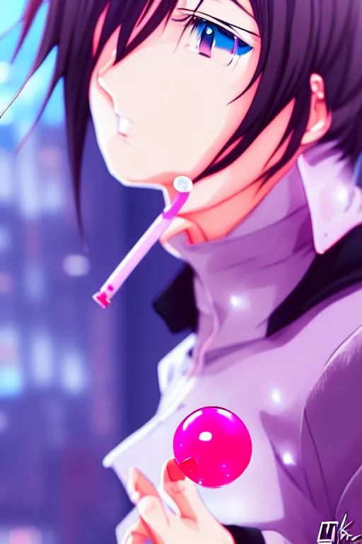 Image similar to anime character blowing bubble gum closeup at the faces, perfect art, at a cyberpunk city, gapmoe yandere grimdark, trending on pixiv fanbox, by ilya kuvshinov, rossdraws, artgerm