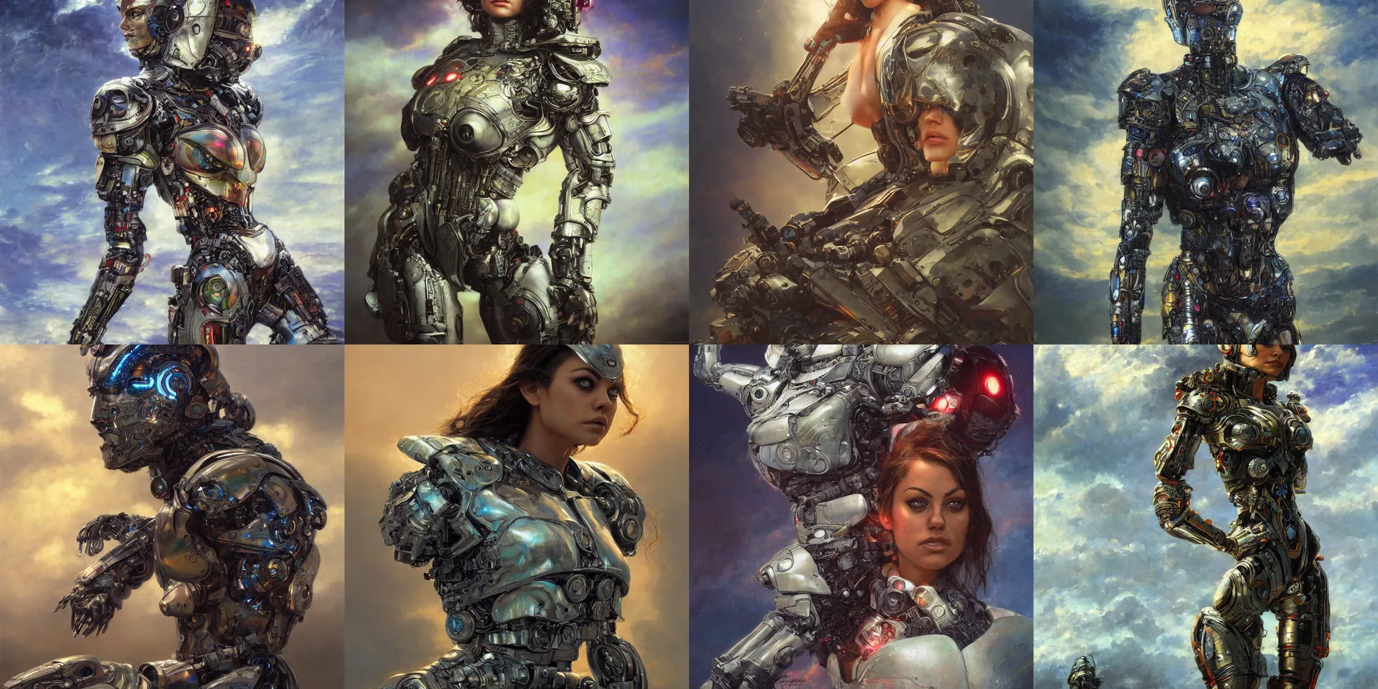 Image similar to portrait of epic mila kunis cyborg neon armor, in clouds, cinematic studio light, windy, sunrise, wlop, by gerald brom, by mikhail vrubel, by peter elson, muted colors, extreme detail, trending on artstation