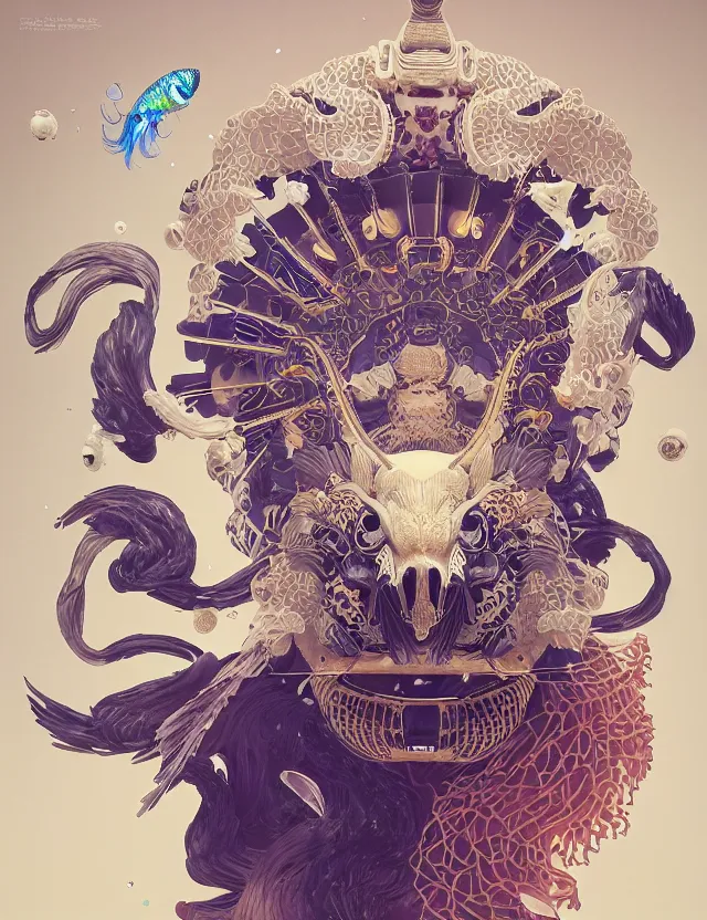 Image similar to 3 d chapel space frontal portrait with ram skull. beautiful intricately detailed japanese crow kitsune mask and clasical japanese kimono. betta fish, jellyfish phoenix, bio luminescent, plasma, ice, water, wind, creature, artwork by tooth wu and wlop and beeple and greg rutkowski