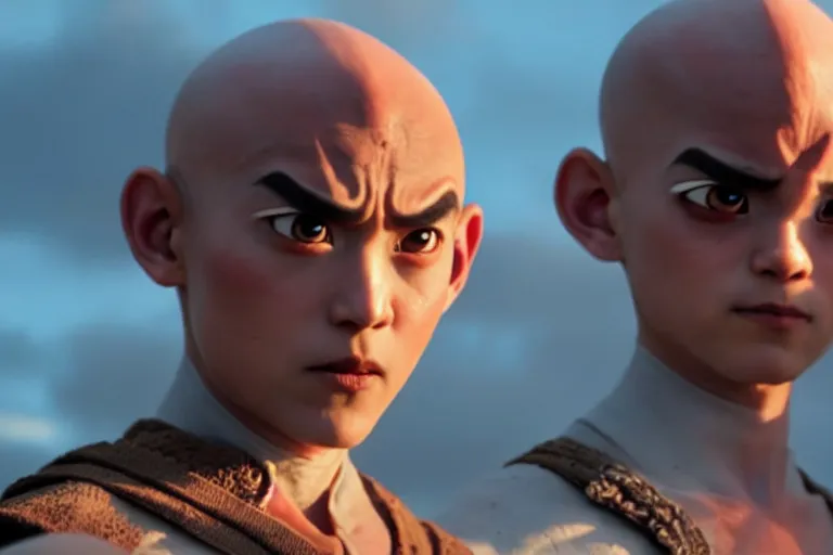 Image similar to live action film still of aang in the new fantasy movie, cinematic lighting