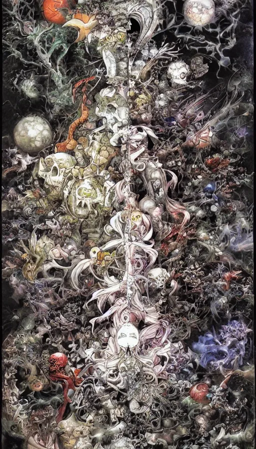 Prompt: life and death mixing together, by yoshitaka amano,