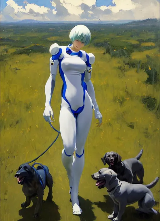 Prompt: Greg Manchess painting of Rei Ayanami in Plugsuit out with the dogs, EVA unit-00 in the back, countryside, fantasy character portrait, dynamic pose, above view, sunny day, thunder clouds in the sky, artwork by Jeremy Lipkin and Giuseppe Dangelico Pino and Michael Garmash and Rob Rey, very coherent asymmetrical artwork, sharp edges, perfect face, simple form, wacky, 100mm