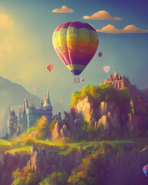 Prompt: flying cloud castle, buildings, baloons, machines, bright, blue sky, mountains, colorful, cinematic lighting, fantasy, high detail, airborne kingdom, illustration, masterpiece, artstation, 4 k, art by wylie beckert