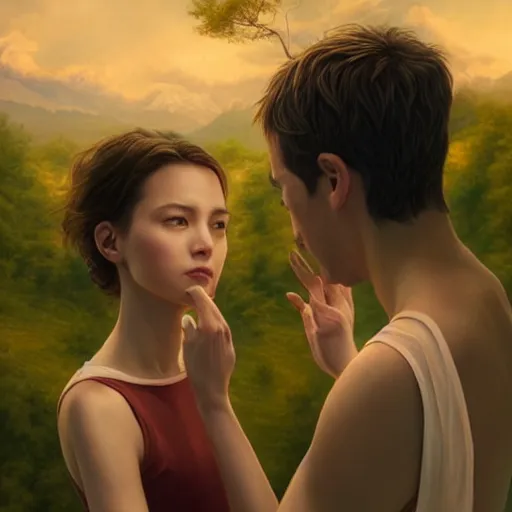 Image similar to a beautiful scenic painting by artgerm and wlop and mark romanek and spike jonze