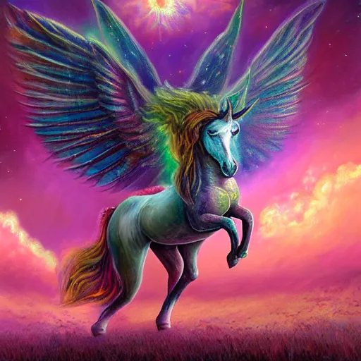 Image similar to an unicorn with wings eating in a field of marijuana, a nebula is in the sky, oil painting, fantasy art, concept art, highly detailed, photorealistic, high quality, 8 k, masterpiece