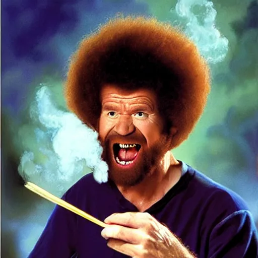 Image similar to insanely angry bob ross screaming at his painting mistake. smoke coming from ears.