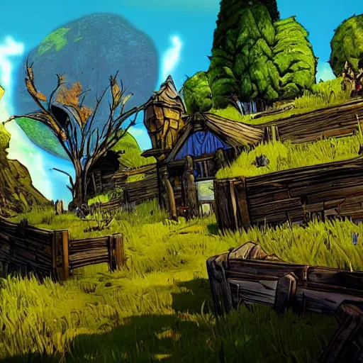 Image similar to the shire in the style of borderlands 3,