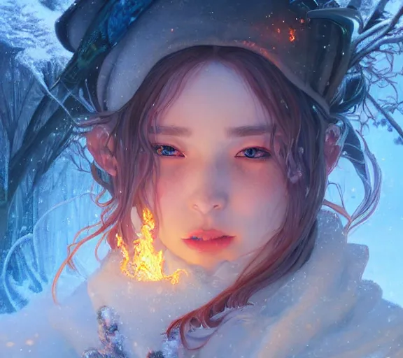 Image similar to beautiful ancient frost witch, fire in eye, snow glow, pool party, highly detailed, digital painting, artstation, sharp focus, illustration, art by tan zi and ayanamikodon and alphonse mucha and wlop