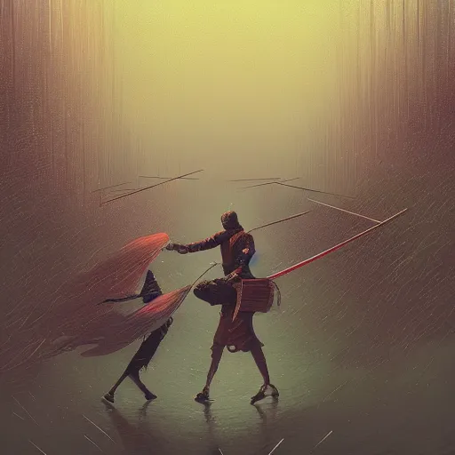 Prompt: swordfight in autumn rain, epic scene, by victo ngai, kilian eng vibrant colours, dynamic lighting, digital art, winning award masterpiece, fantastically beautiful, illustration, aesthetically inspired by beksinski and dan mumford, trending on artstation, art by greg rutkowski, 8 k