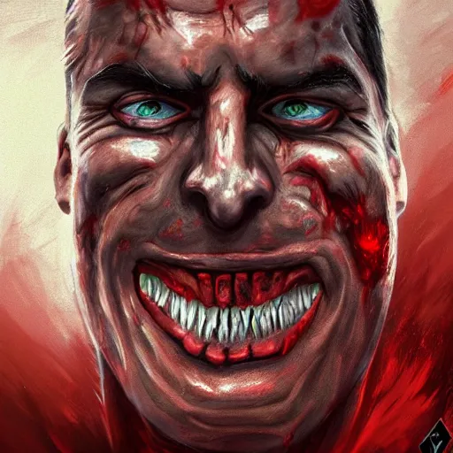 Prompt: horrifying portrait of dark - bolsonaro, soul redeemer smiling down from above, his gaping jaw dripping with his enemies blood, artstation