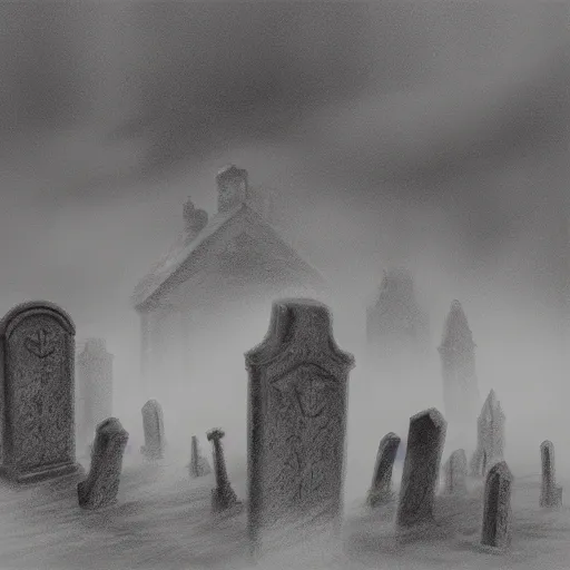 Image similar to an eerie graveyard with ancient tombstones, misty, strands of fog, creepy, night lighting, finely detailed black and white pencil drawing