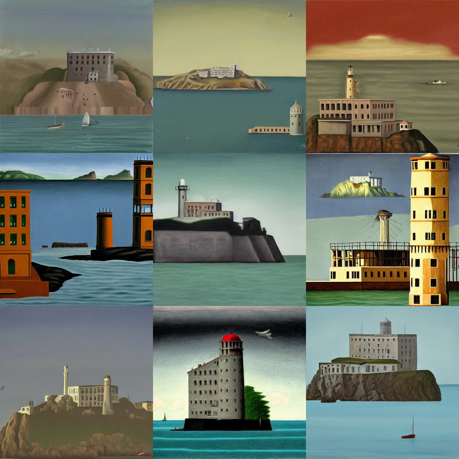 Prompt: alcatraz island, painting, classic art, in the style of gertrude abercrombie