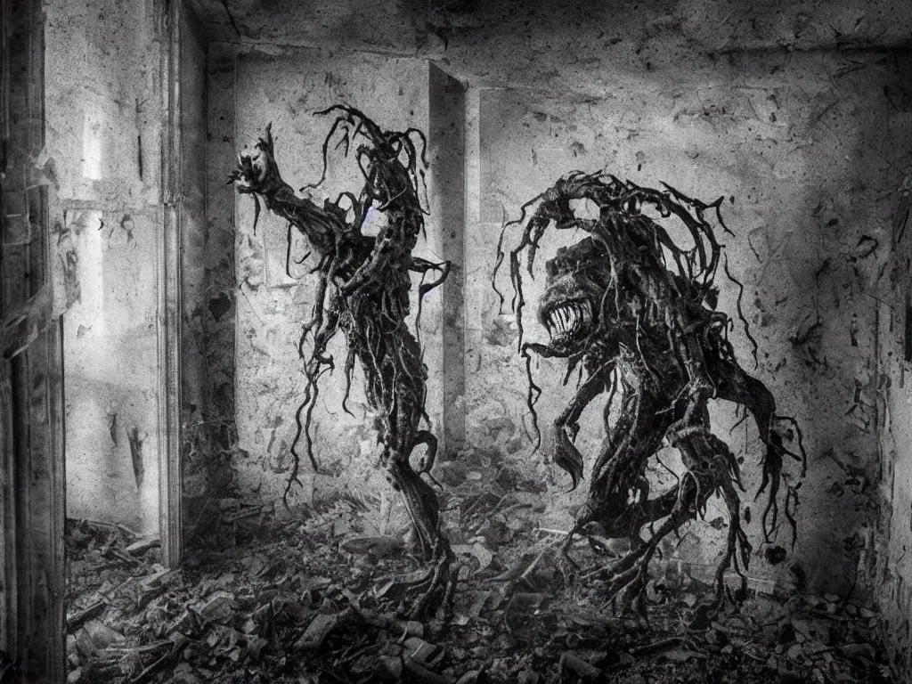 Prompt: mutant hunchback creature lurking in the corner of a room in an abandoned building, dirty windows, debris, tentacle beast, dust, bleak apocalyptic style, creepypasta, ominous vibe, sharp fangs