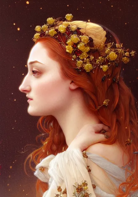 Prompt: portrait of sansa stark gold lights autumn berries roses, intricate, elegant, highly detailed, digital painting, artstation, concept art, smooth, sharp focus, illustration, art by artgerm and greg rutkowski and alphonse mucha and william - adolphe bouguereau