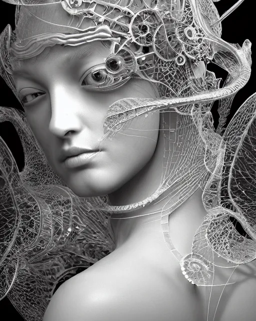 Image similar to mythical dreamy black and white organic bio - mechanical spinal ribbed profile face portrait detail of translucent steampunk beautiful female angelic - human - queen - vegetal - cyborg, highly detailed, intricate crystal ivy jelly ornate, poetic, translucent roses ornate, 3 d render, digital art, octane render, 8 k artistic photography, photo - realistic, by dora maar