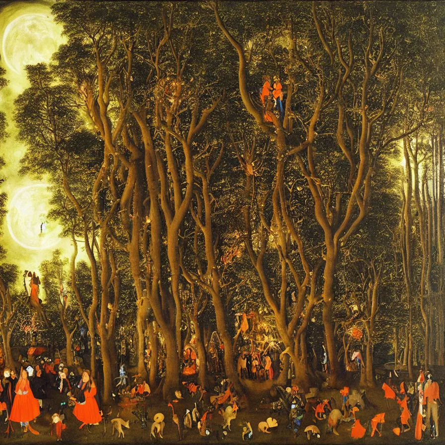 Image similar to a night carnival around a magical tree cavity, with a surreal orange moonlight and fireworks in the background, next to a lake with iridiscent water, christmas lights, folklore animals and people disguised as fantastic creatures in a magical forest by summer night, masterpiece painted by jan van eyck, dark night environment