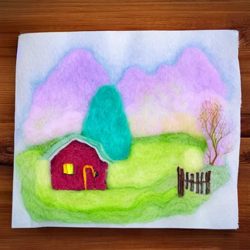 Prompt: small wooden house in the middle of spring forest, bright colours, watercolor, volumetric wool felting, macro photography, children illustration, by cory loftis