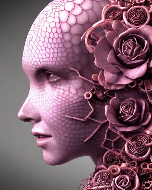 Image similar to mythical dreamy organic bio - mechanical spinal ribbed profile face portrait detail of translucent steampunk beautiful intricated monochrome angelic - human - queen - vegetal - cyborg, highly detailed, intricate translucent pink ivy jelly ornate, poetic, translucent roses ornate, 3 d render, digital art, octane render, 8 k artistic photography