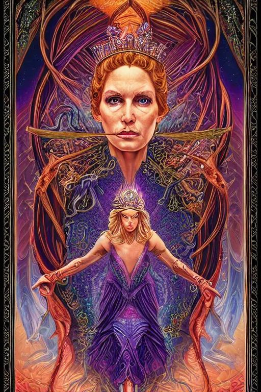 Prompt: beautiful tarot card of the queen of dreams by carol bak and dan mumford and alex grey, oil on canvas, intricate, border, symmetrical, portrait, 8k highly professionally detailed, HDR, CGsociety