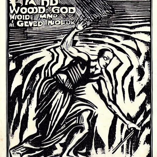 Prompt: Woodcut cover for “Gods' Man,” a 1929 black-and-white wordless novel that tells a Faustian tale of ambition, love, greed and death. It's by the illustrator and woodcut artist Lynd Ward