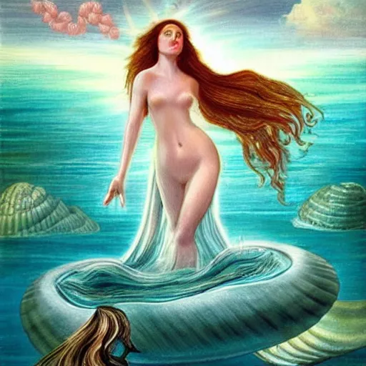 Image similar to The computer art depicts the moment when the goddess Venus is born from the sea. She is shown standing on a giant clam shell, with her long, flowing hair blowing in the wind. The computer art is full of light and color, and Venus looks like she is about to step into a beautiful, bright future. Aaahh!!! Real Monsters, Harry Potter by Raina Telgemeier doom