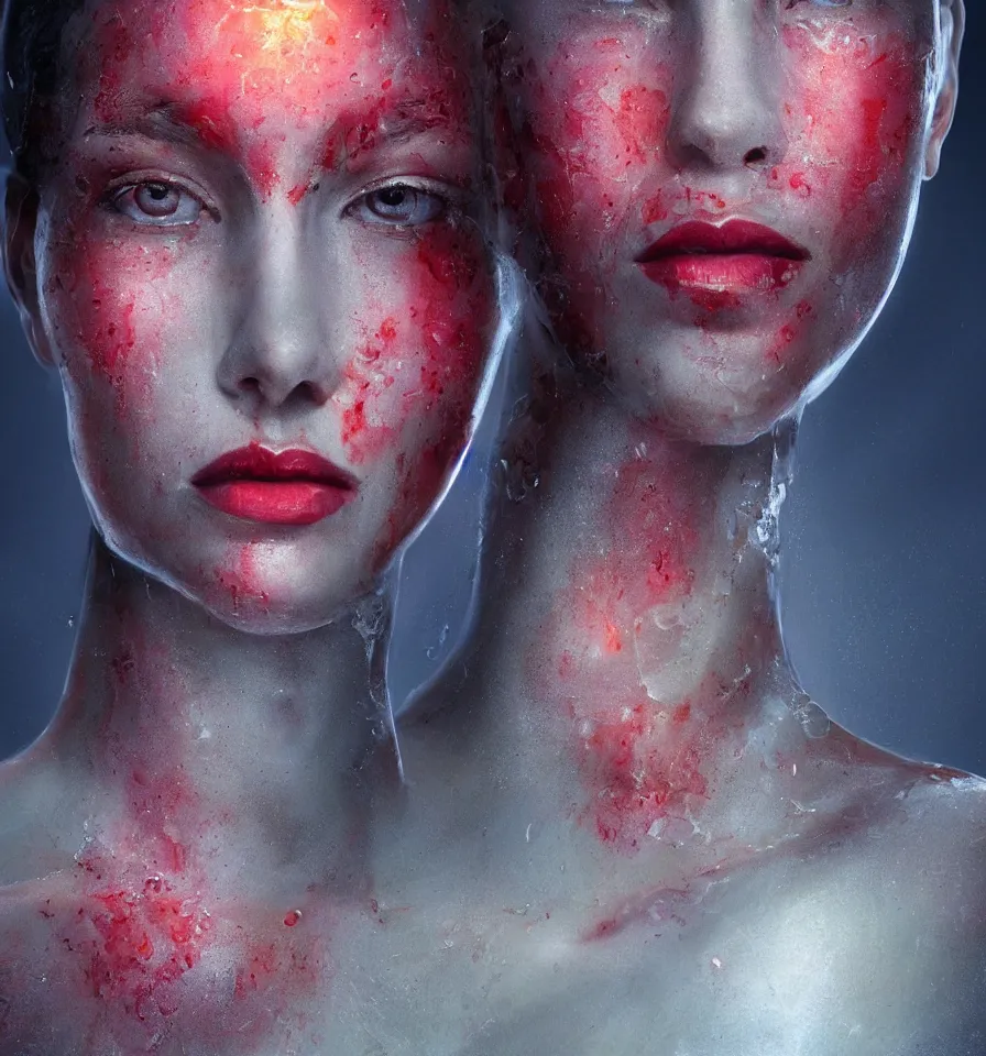 Prompt: a frontal face portrait of a transparent and beautiful elegant entity made of blood + dissolving in to light + backlit + incredible lighting+ strong rim light + highly detailed + god rays + digital painting + HDRI, by Andon Hristov + Alvaro Castagnet, vivid colors, high contrast, 8k resolution, intricate, photorealistic, smooth
