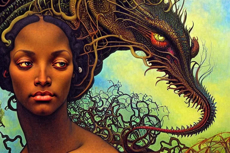 Image similar to realistic extremely detailed closeup portrait painting of a beautiful black woman, mutant dragon and a single old house on background by Jean Delville, Amano, Yves Tanguy, Alphonse Mucha, Ernst Haeckel, Edward Robert Hughes, Roger Dean, rich moody colours