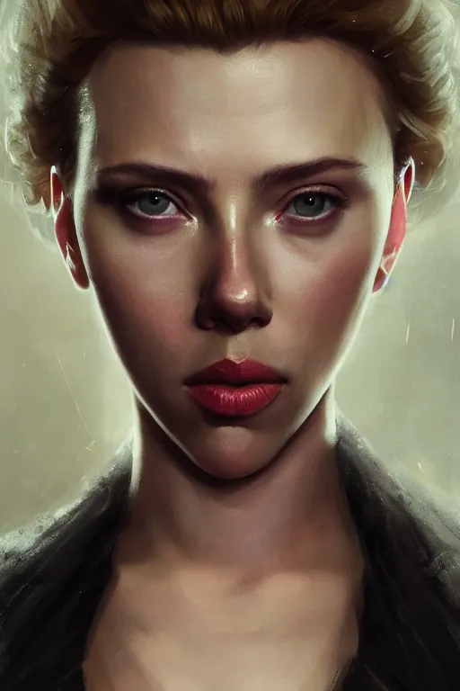 Image similar to a fancy portrait of a Scarlett Johansson with an intense look in her eyes by Greg Rutkowski, Sung Choi, Mitchell Mohrhauser, Maciej Kuciara, Johnson Ting, Maxim Verehin, Peter Konig, final fantasy , mythical, 8k photorealistic, cinematic lighting, HD, high details, atmospheric,