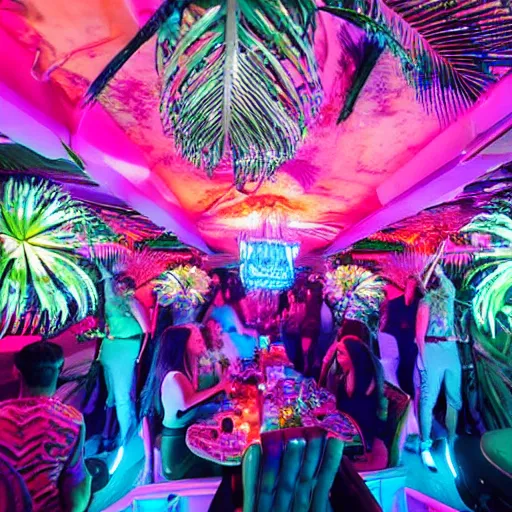 Image similar to vice media photo, inside a crowded luxury stylish high-end gorgeous intricate highly-themed synthwave tiki party onboard a yacht with low ceilings, tropical plants, neon lights, blue color scheme with pink and orange accents, crowd of people dancing, ultra-detailed, 8k, photorealistic