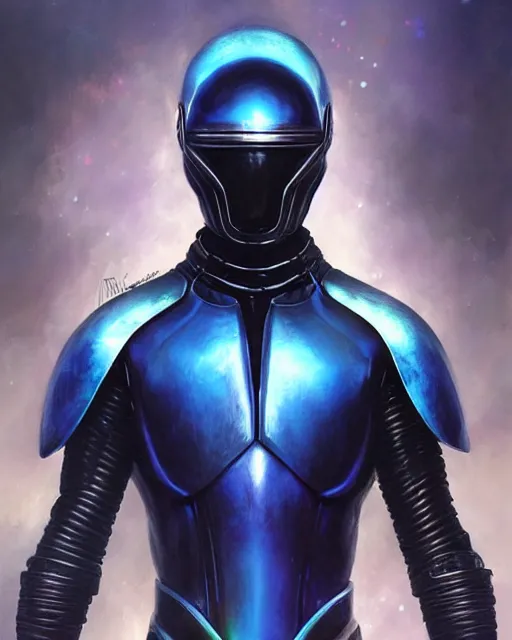 Prompt: iridescent sinewy smooth muscular male sleek glossy bluish black pearlescent scifi armor with smooth black featureless helmet, by greg rutkowski, mark brookes, jim burns, tom bagshaw, magali villeneuve, eve ventrue, trending on artstation