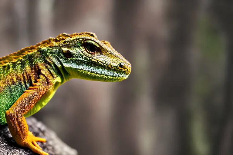 Image similar to photorealistic lizard, deep forest on all background, 5 0 mm, kanon, bokeh