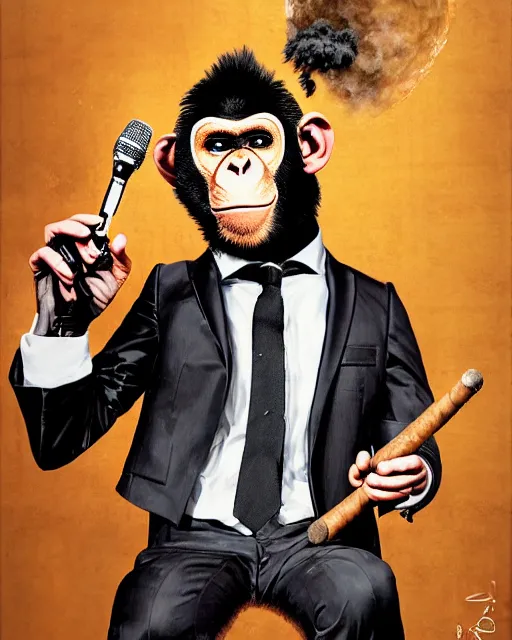 Image similar to a portrait of an anthropomorphic rockstar chimp in a tux singing into a microphone, smoking a cigar by sandra chevrier, by jon foster, detailed render, tape deck, epic composition, cybernetics, 4 k realistic, cryengine, realistic shaded lighting, sharp focus, masterpiece, by enki bilal
