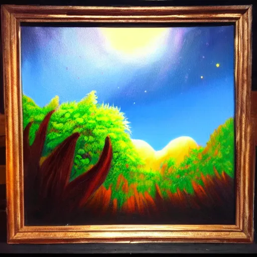 Image similar to a beautiful alien planet with plants and animals. Oil painting in the style of Bob Ross.