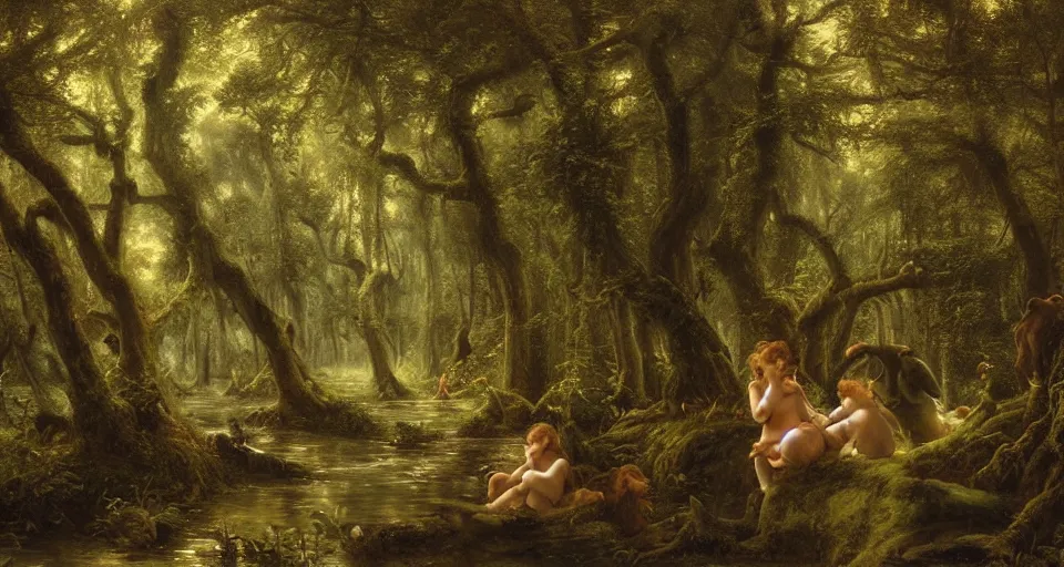 Prompt: A dense and dark enchanted forest with a swamp, by Guillaume Seignac