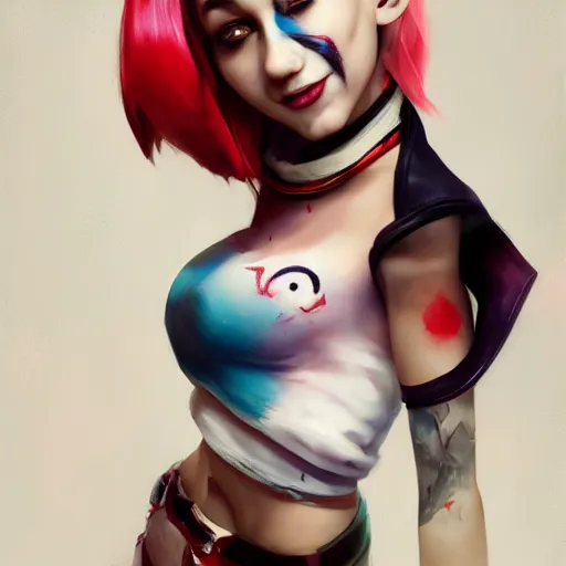 Image similar to a portrait of stunningly beautiful harley quinn, huggy wuggy from poppy playtime video game, fullbody, ultra high detailed, oil painting, greg rutkowski, charlie bowater, yuumei, yanjun cheng, unreal 5, daz, hyperrealistic, octane render, rpg portrait, dynamic lighting, fantasy art, beautiful face