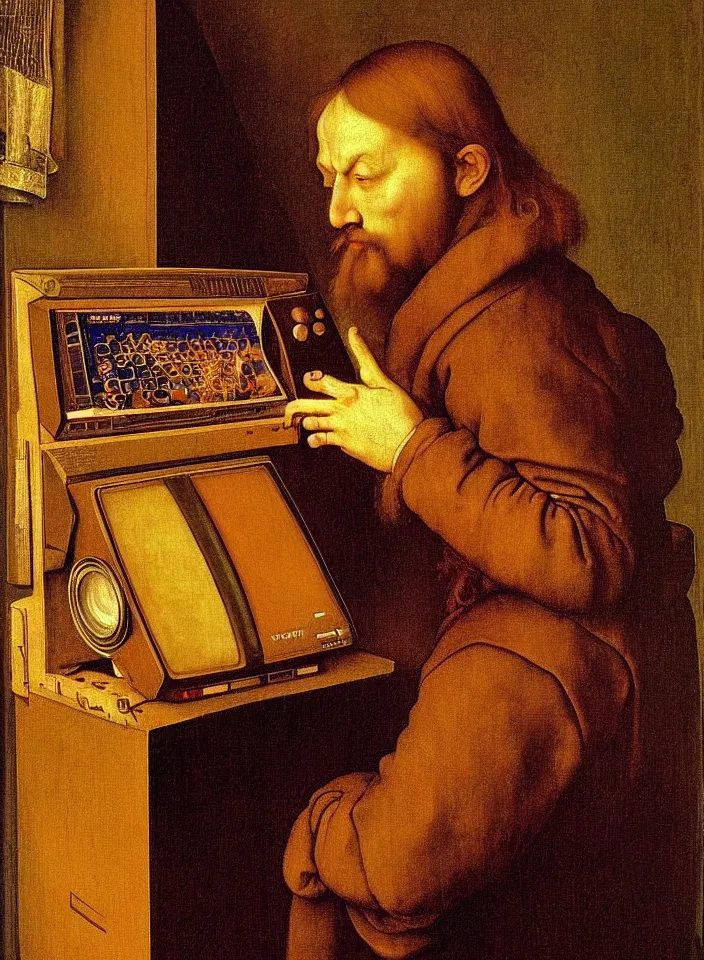 Prompt: Portrait of a man playing ATARI game on a CRT television. Painting by Albrecht Dürer. Intricate details. hyper realism. Masterpiece.