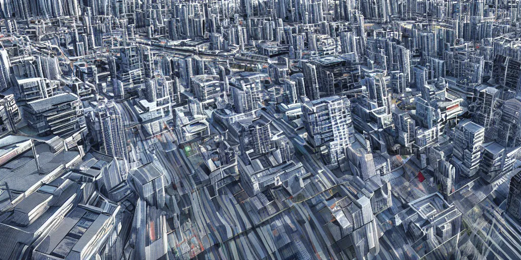 Image similar to drone view of a Brutalist architecture city with a large road through,sharp focus,telephoto lens,3D digital art 4k