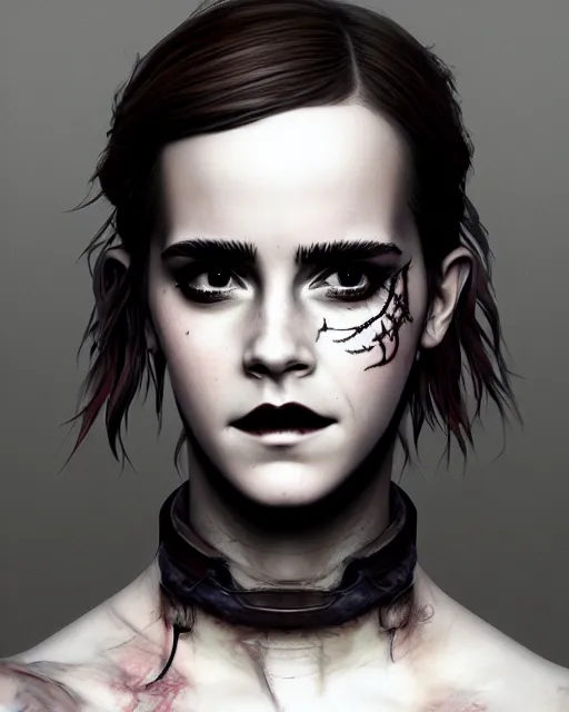 Image similar to goth cyberpunk portrait of emma watson, au naturel, hyper detailed, digital art, trending in artstation, cinematic lighting, studio quality, smooth render, unreal engine 5 rendered, octane rendered, art style by klimt and nixeu and ian sprigger and wlop and krenz cushart.