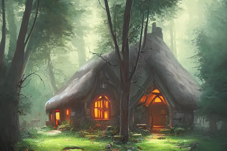 Image similar to a quaint little cottage in a clearing in a huge magical forest by andreas rocha and alena aenami, trending on artstation