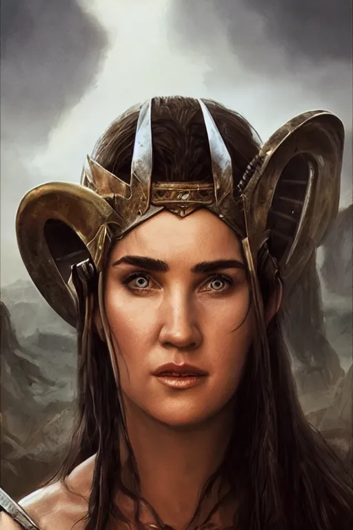 Image similar to portrait of Young Jennifer Connelly as Xena warrior princess , face portrait, raphael lacoste, eddie mendoza, alex ross, concept art, matte painting, highly detailed, rule of thirds, dynamic lighting, cinematic, detailed, denoised, centred