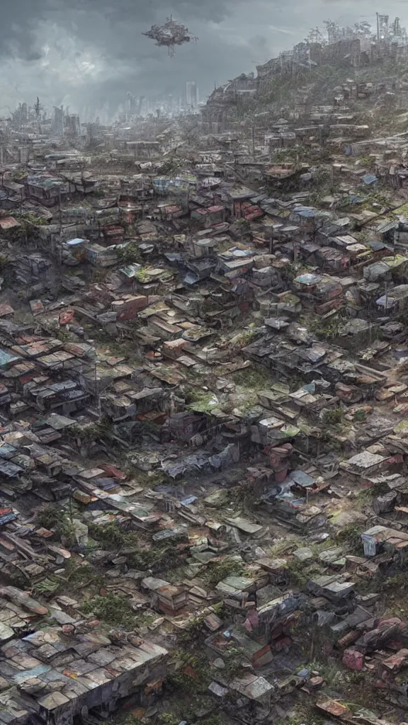 Image similar to a beautiful highly detailed matte painting of a huge derelict cargo favela by Jose Daniel Cabrera Pena and Leonid Kozienko, concept art