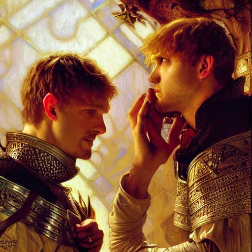 Image similar to attractive arthur pendragon and his favourite attractive male knight, they are in love, camelot, natural lighting, path traced, highly detailed, high quality, digital painting, by gaston bussiere, craig mullins, alphonse mucha j. c. leyendecker