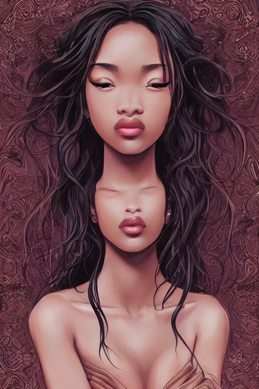Image similar to A bust of a beautiful black skinned Japanese girl with large lips and smooth eyebrows and straight hair, HD, illustration, epic, fantasy, intricate, elegant, amazing detail, digital painting, artstation, concept art, smooth, sharp focus, illustration, art by Turine Tran