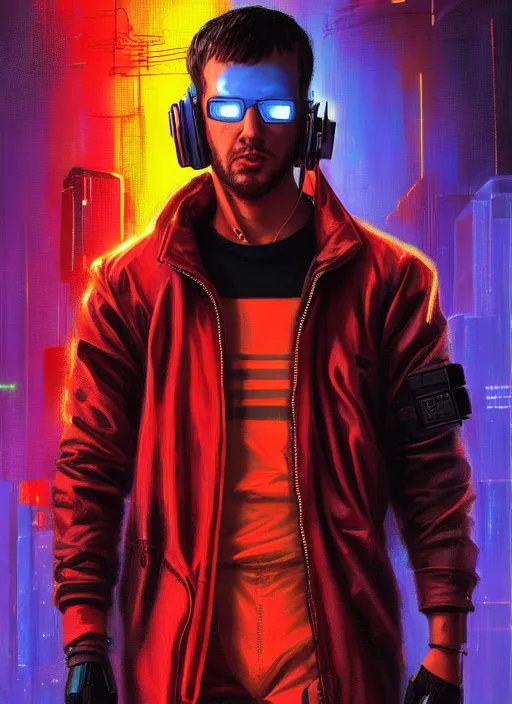 Image similar to cyberpunk character wearing jumpsuit and red jacket and cyberpunk headset. ( blade runner 2 0 4 9, dystopian, cyberpunk 2 0 7 7 character design ). attractive face. portrait by james gurney and laurie greasley, oil on canvas. cinematic, hyper realism, realistic proportions, full view, dramatic lighting, high detail 4 k