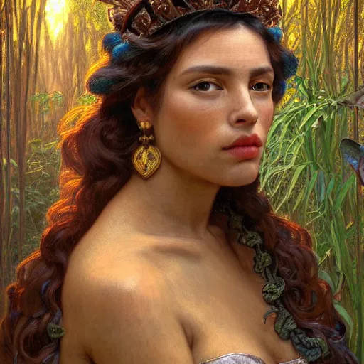 Image similar to face portrait of a beautiful alluring female aztec queen in a dense jungle at sunset, detailed, centered, digital painting, artstation, concept art, donato giancola, Dante Gabriel Rossetti, alphonse mucha, Joseph Farquharson, Joseph Christian Leyendecker, WLOP, Boris Vallejo, Breathtaking, 8k resolution, extremely detailed, beautiful, establishing shot, artistic, hyperrealistic, beautiful face, octane render