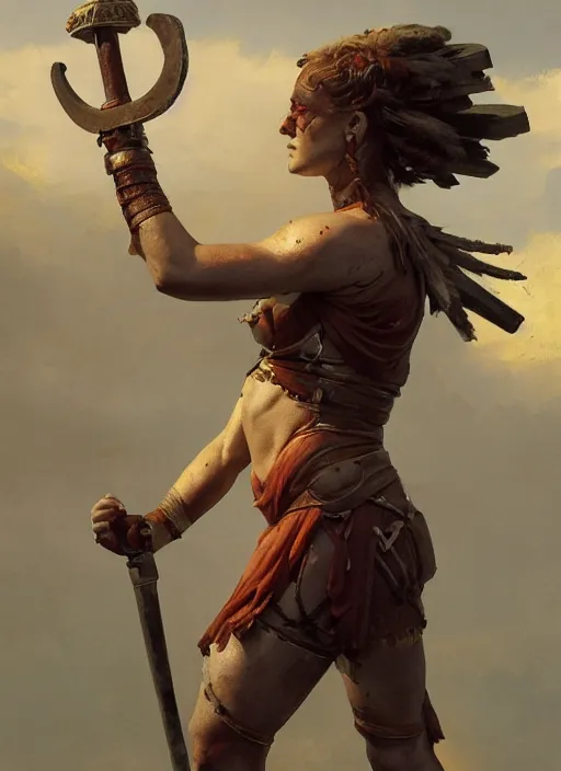 Image similar to hyper realistic photo of roman gladiator girl, full body, rule of thirds, conceptart, saturated colors, cinematic, greg rutkowski, brom, james gurney, mignola, craig mullins, artstation, cgsociety