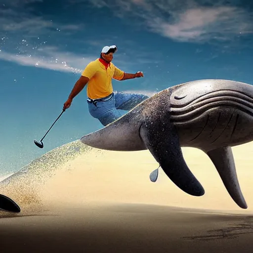 Prompt: highly detailed winning photo of a midget golfer riding a beached whale. the crowd is cheering him as tiger woods looks on in defeat. highly detailed render, photorealistic, photography