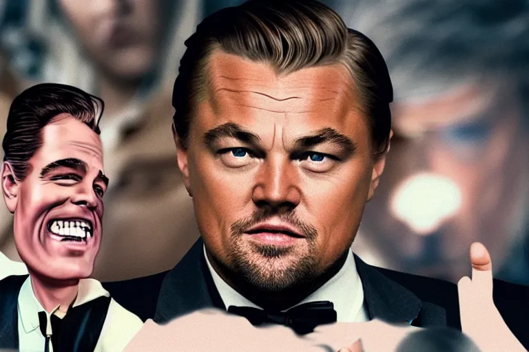 Image similar to leonardo dicaprio planting an idea in donald trump's head inception style, cinematic lighting