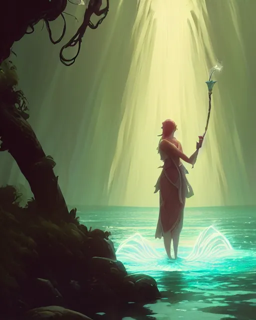 Image similar to highly detailed vfx portrait of a mage casting a water spell, unreal engine, greg rutkowski, loish, rhads, beeple, makoto shinkai and lois van baarle, ilya kuvshinov, rossdraws, tom bagshaw, alphonse mucha, global illumination, detailed and intricate environment